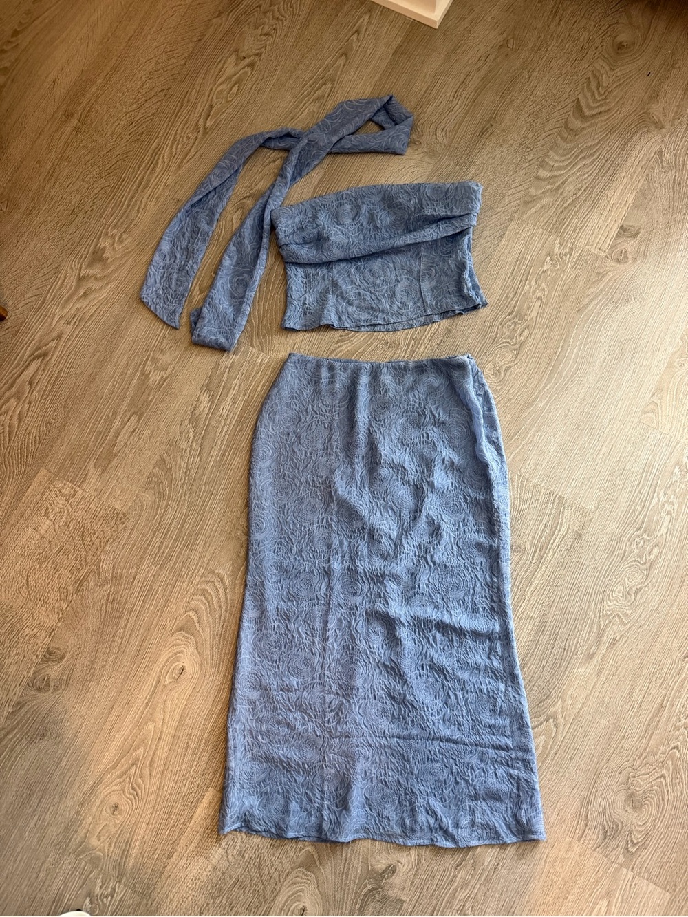Two-Piece Textured Midi Skirt Set in Dusty Blue